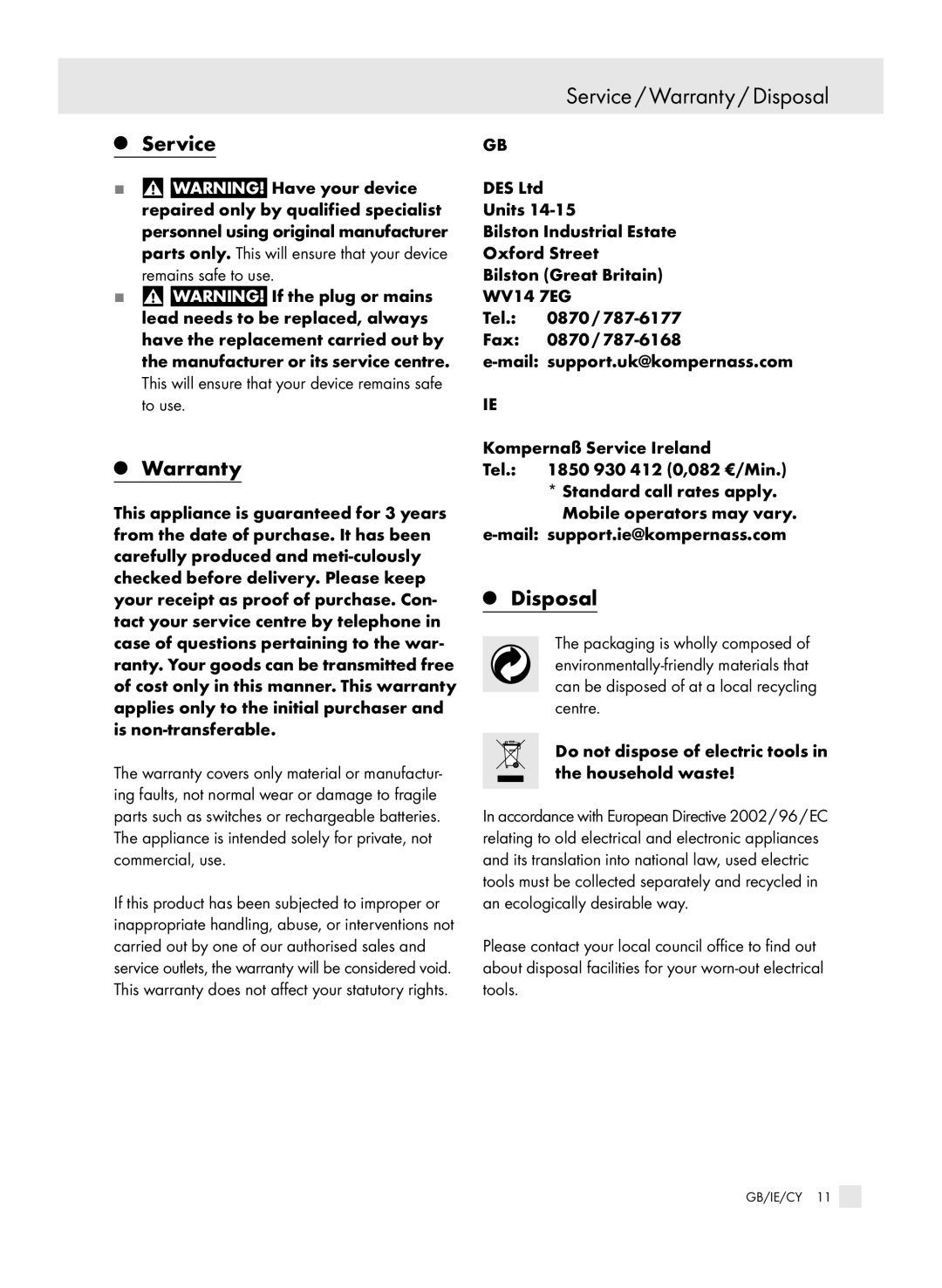 Parkside PHLG 2000-2 manual Service / Warranty / Disposal, Service Warranty 